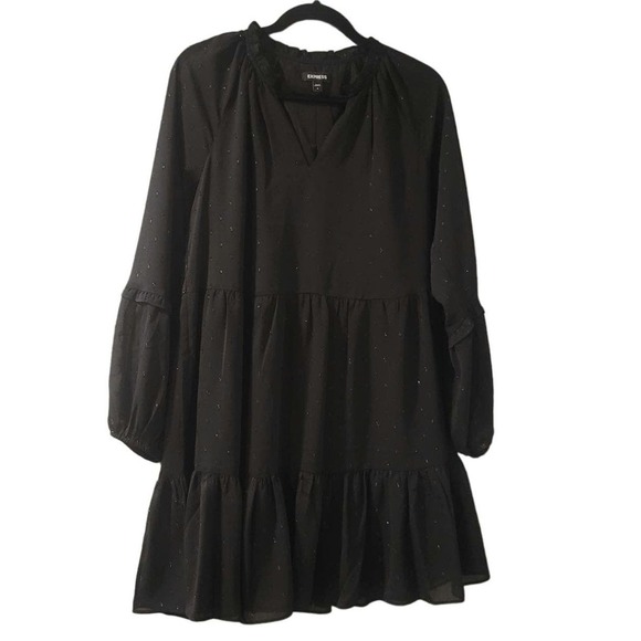 Express Textured Clip Dot Tiered Trapeze Dress in Pitch Black Size Medium. - Picture 1 of 5